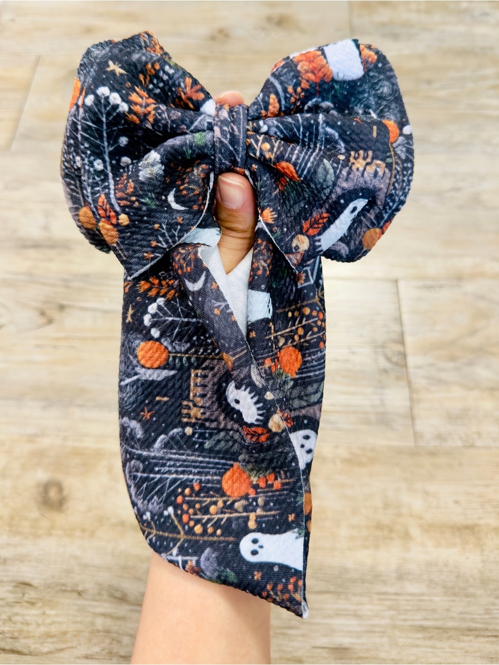 Baby Girl Black Halloween Big Headband Bow with Ghosts & Pumpkins